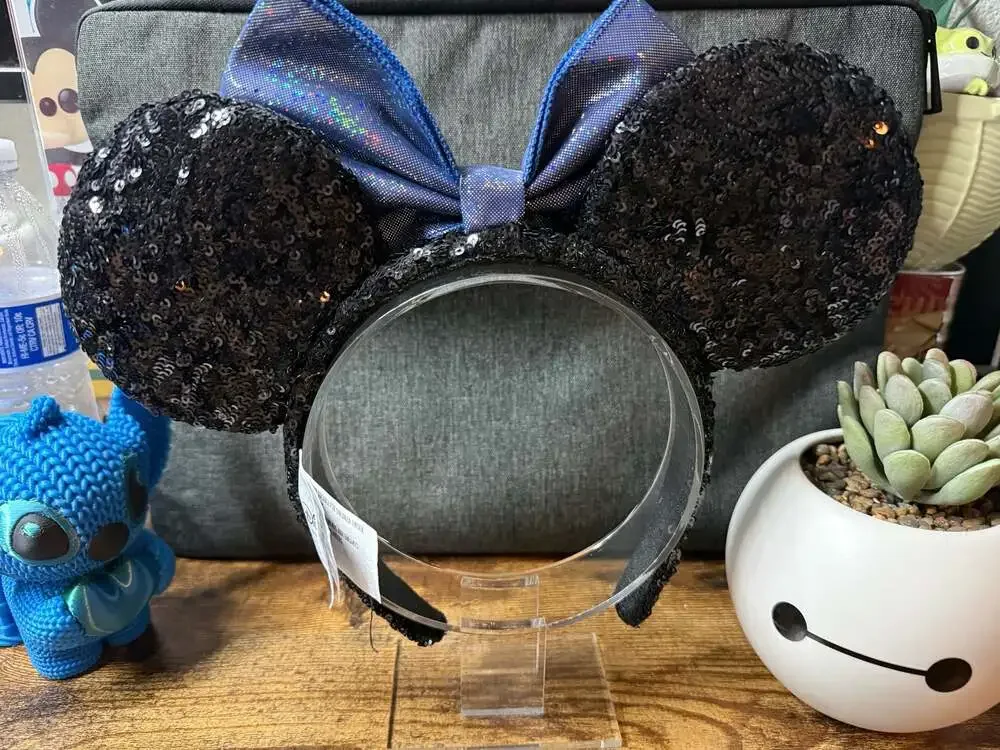 EUC Disney Parks Black Sequin Ears Headband with Shimmery Blue Bow